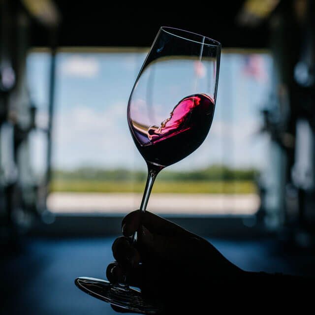 A hand grasping a glass filled with red wine, highlighting the deep hue and elegant stemware.